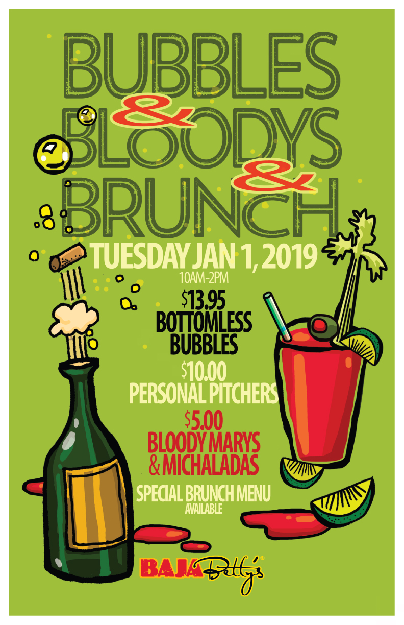 bottomless mimosas, New Years Brunch, Bubbles, Bloody's, Personal Pitchers,